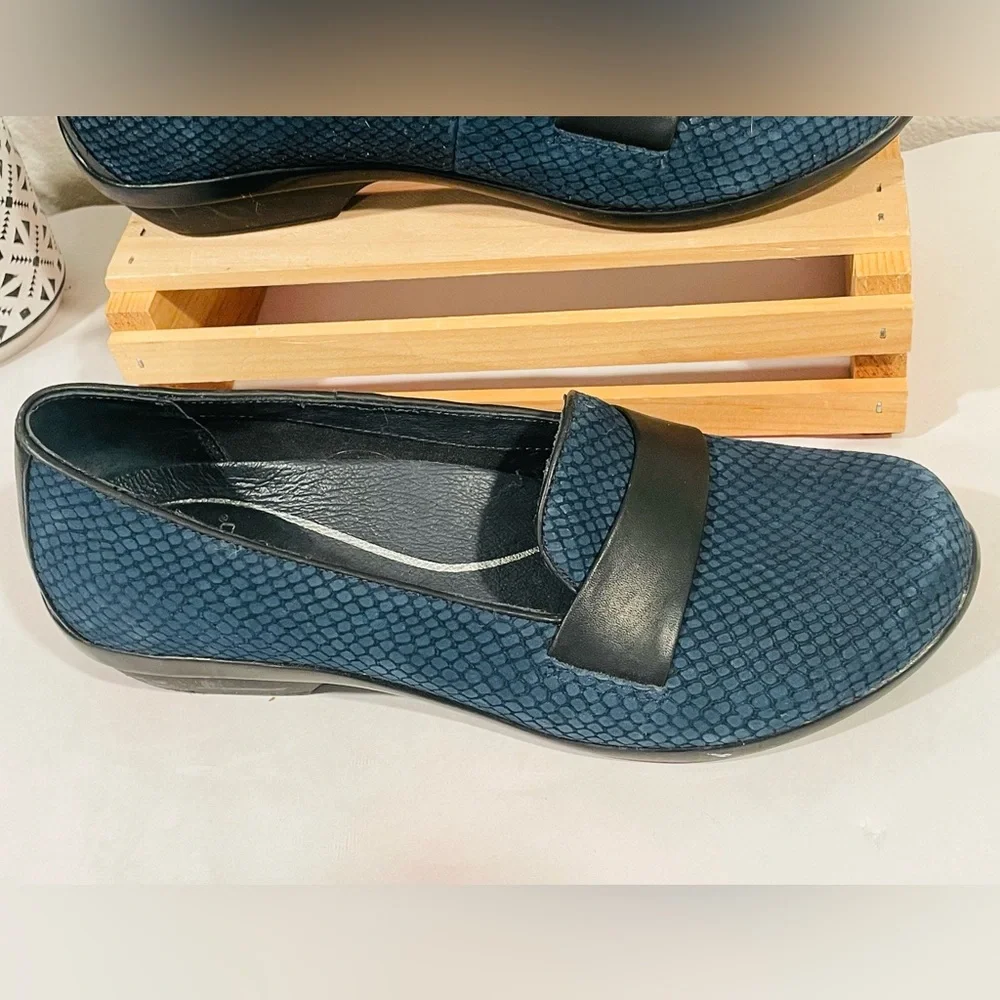Dansko “Oksana” Blue Velvety Suede Women’s Loafers | Black Leather Accent Band